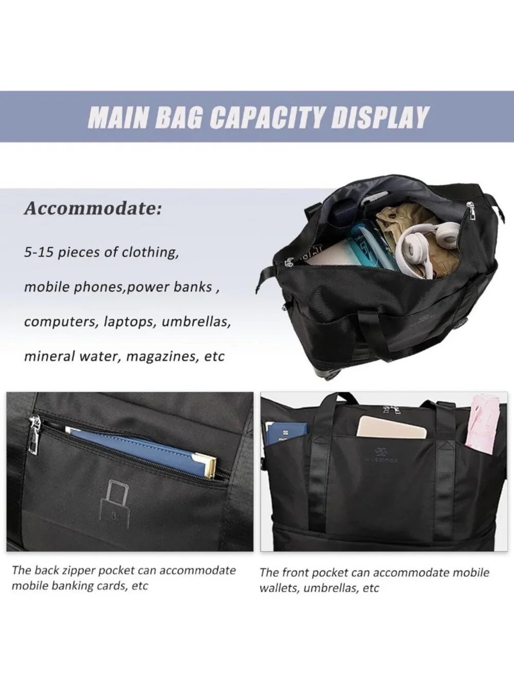 Foldable Duffle Bag with Wheels, Expandable Travel Luggage, Large Carry-On for